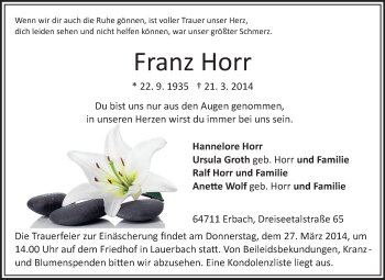 Traueranzeige von Franz Horr von Odenwälder Echo