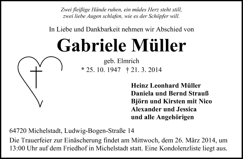  Traueranzeige für Gabriele Müller vom 25.03.2014 aus Darmstädter Echo