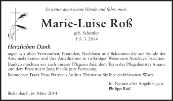 Traueranzeige von Marie-Luise Roß von Echo-Zeitungen (Gesamtausgabe)