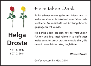 Traueranzeige von Helga Droste von Echo-Zeitungen (Gesamtausgabe)