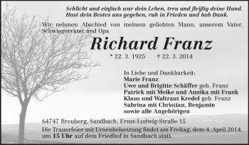 Traueranzeige von Richard Franz von Odenwälder Echo