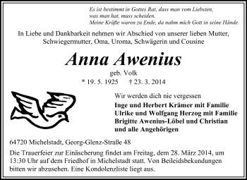 Traueranzeige von Anna Awenius von Odenwälder Echo