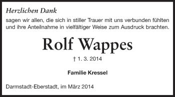 Traueranzeige von Rolf Wappes von Echo-Zeitungen (Gesamtausgabe)