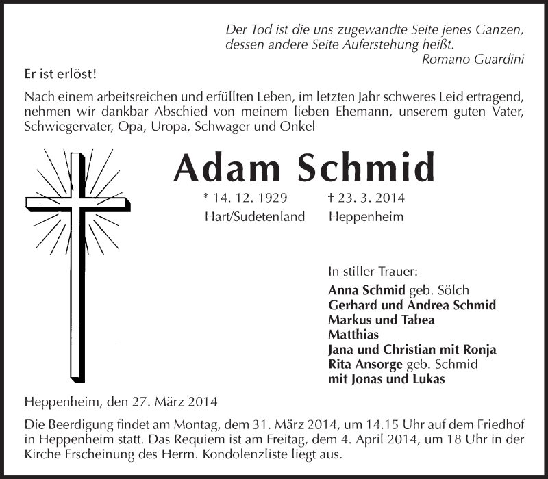  Traueranzeige für Adam Schmid vom 27.03.2014 aus Starkenburger Echo