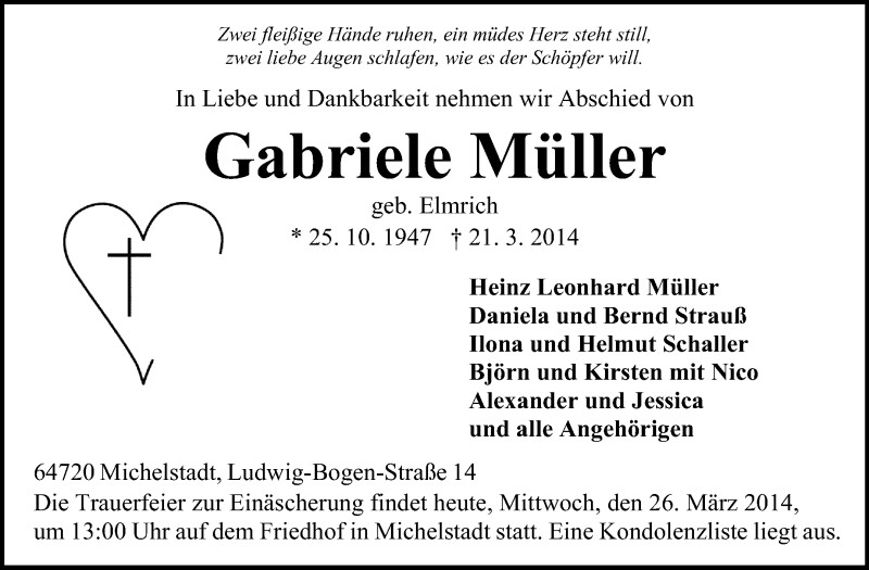  Traueranzeige für Gabriele Müller vom 26.03.2014 aus Odenwälder Echo