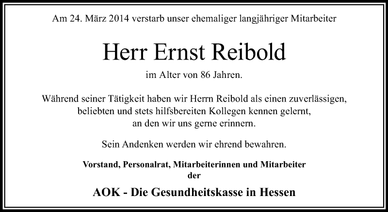  Traueranzeige für Ernst Reibold vom 26.03.2014 aus Echo-Zeitungen (Gesamtausgabe)