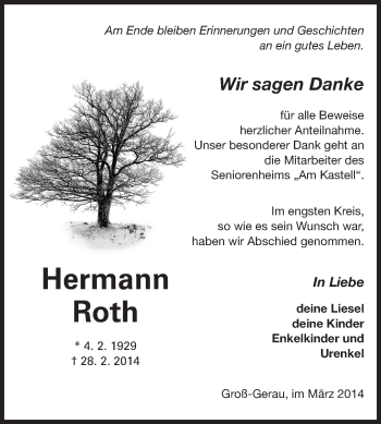 Traueranzeige von Hermann Roth von Echo-Zeitungen (Gesamtausgabe)