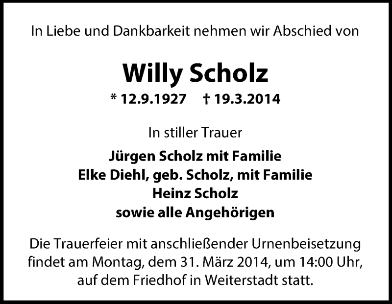  Traueranzeige für Willy Scholz vom 26.03.2014 aus Echo-Zeitungen (Gesamtausgabe)