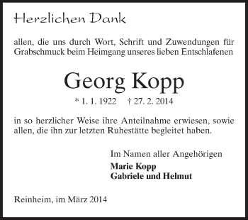 Traueranzeige von Georg Kopp von Echo-Zeitungen (Gesamtausgabe)