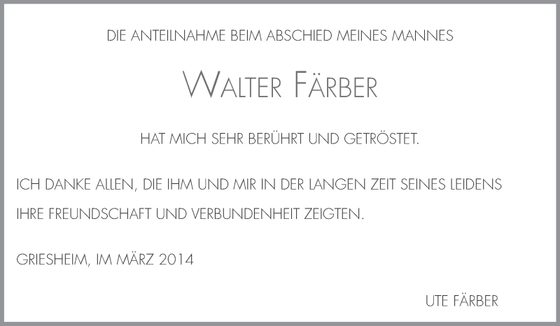  Traueranzeige für Walter Färber vom 29.03.2014 aus Echo-Zeitungen (Gesamtausgabe)