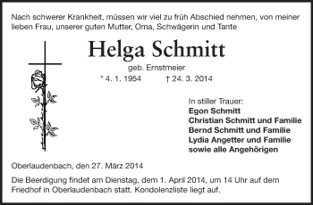 Traueranzeige von Helga Schmitt von Starkenburger Echo