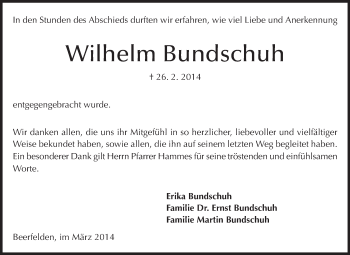 Traueranzeige von Wilhelm Bundschuh von Odenwälder Echo