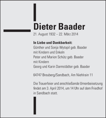 Traueranzeige von Dieter Baader von Echo-Zeitungen (Gesamtausgabe)