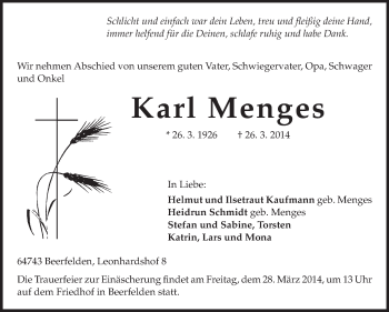 Traueranzeige von Karl Menges von Odenwälder Echo