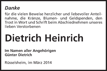 Traueranzeige von Heinrich Dietrich von Rüsselsheimer Echo, Groß-Gerauer-Echo, Ried Echo