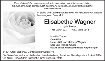 Traueranzeige von Elisabethe Wagner von Echo-Zeitungen (Gesamtausgabe)