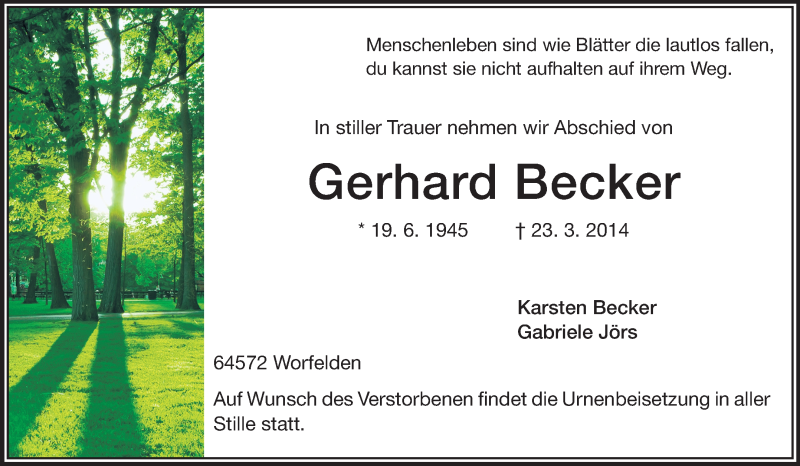  Traueranzeige für Gerhard Becker vom 27.03.2014 aus Rüsselsheimer Echo, Groß-Gerauer-Echo, Ried Echo