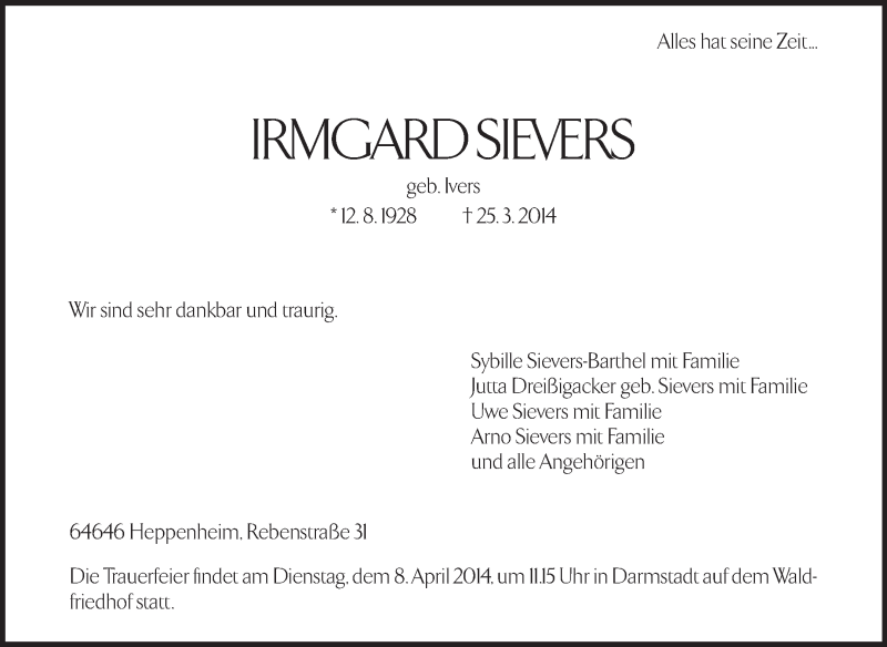  Traueranzeige für Irmgard Sievers vom 29.03.2014 aus Echo-Zeitungen (Gesamtausgabe)