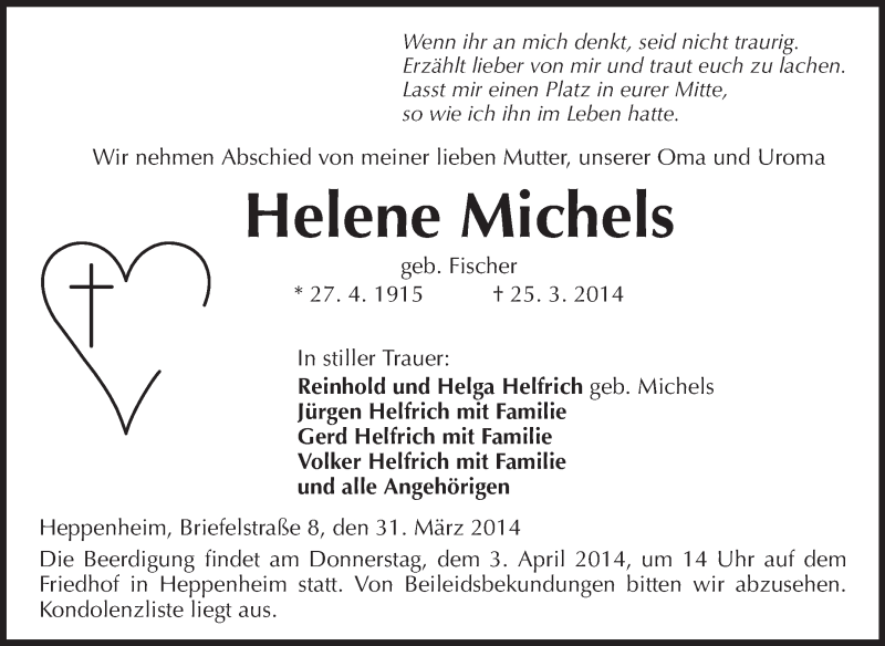  Traueranzeige für Helene Michels vom 31.03.2014 aus Starkenburger Echo