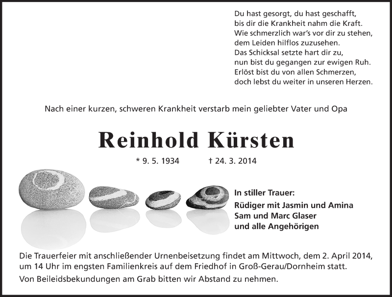  Traueranzeige für Reinhold Kürsten vom 29.03.2014 aus Rüsselsheimer Echo, Groß-Gerauer-Echo, Ried Echo