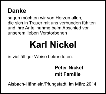 Traueranzeige von Karl Nickel von Echo-Zeitungen (Gesamtausgabe)