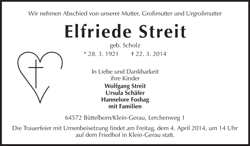  Traueranzeige für Elfriede Streit vom 31.03.2014 aus Rüsselsheimer Echo, Groß-Gerauer-Echo, Ried Echo