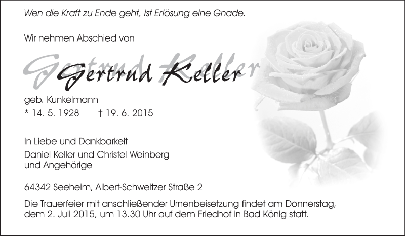  Traueranzeige für Gertrud Keller vom 27.06.2015 aus Odenwälder Echo