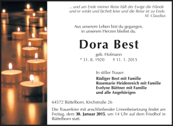 Traueranzeige von Dora Best von Rüsselsheimer Echo, Groß-Gerauer-Echo, Ried Echo