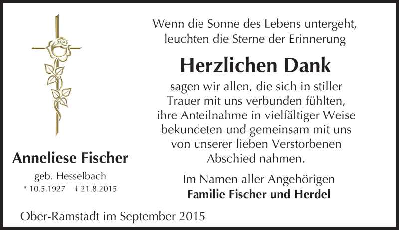  Traueranzeige für Anneliese Fischer vom 12.09.2015 aus trauer.echo-online.de