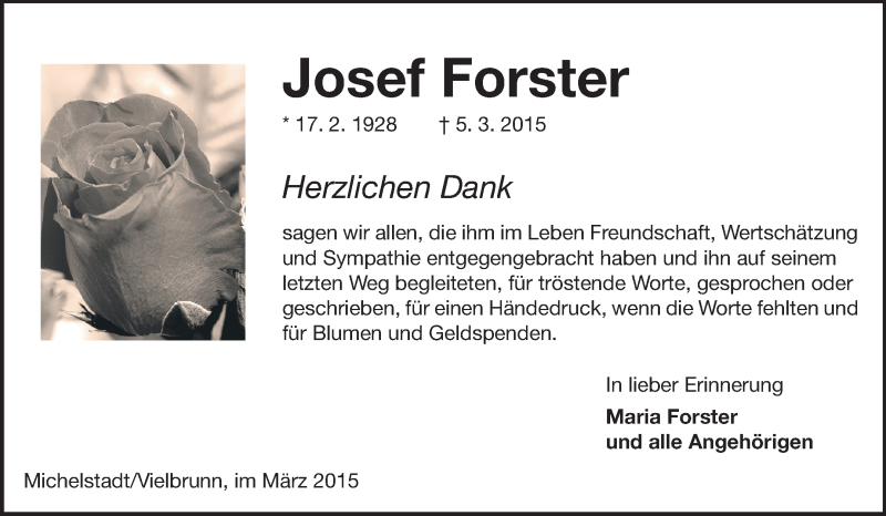 Traueranzeige für Josef Forster vom 28.03.2015 aus Odenwälder Echo
