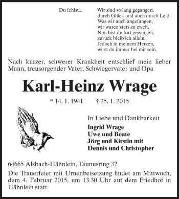 Traueranzeige von Karl-Heinz Wrage von Echo-Zeitungen (Gesamtausgabe)