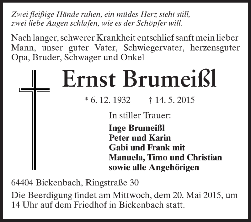 Traueranzeige für Ernst Brumeißl vom 18.05.2015 aus Echo-Zeitungen (Gesamtausgabe)