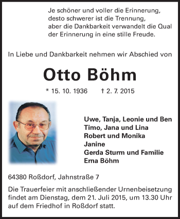 Traueranzeige von Otto Böhm von Echo-Zeitungen (Gesamtausgabe)