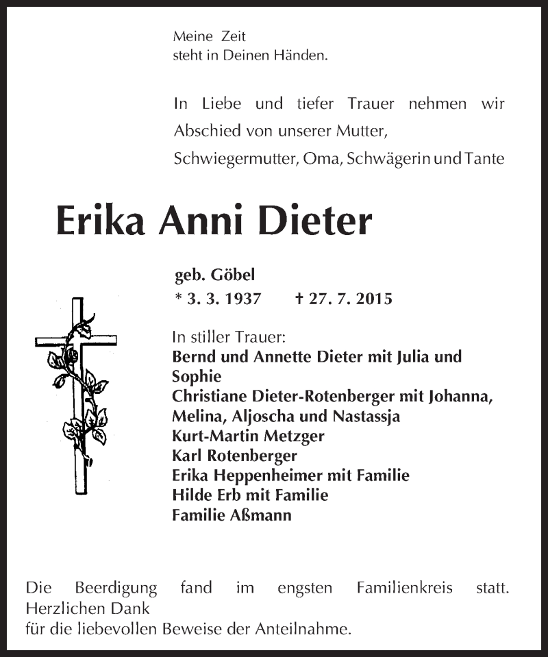  Traueranzeige für Erika Anni Dieter vom 15.08.2015 aus trauer.echo-online.de