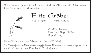 Traueranzeige von Fritz Gröber von Echo-Zeitungen (Gesamtausgabe)