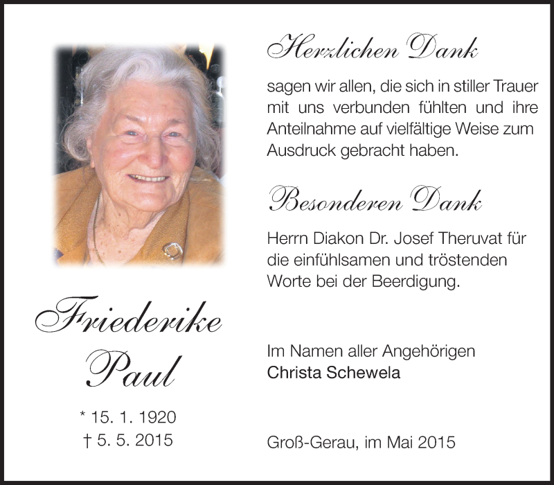  Traueranzeige für Friederike Paul vom 30.05.2015 aus Rüsselsheimer Echo, Groß-Gerauer-Echo, Ried Echo