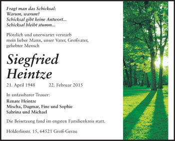 Traueranzeige von Siegfried Heintze von Rüsselsheimer Echo, Groß-Gerauer-Echo, Ried Echo
