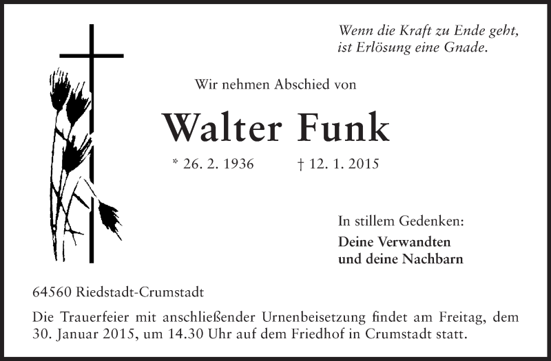  Traueranzeige für Walter Funk vom 28.01.2015 aus Echo-Zeitungen (Gesamtausgabe)