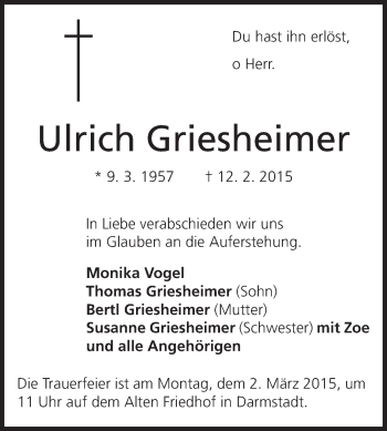 Traueranzeige von Ulrich Griesheimer von Echo-Zeitungen (Gesamtausgabe)