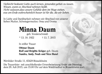 Traueranzeige von Minna Daum von Rüsselsheimer Echo, Groß-Gerauer-Echo, Ried Echo