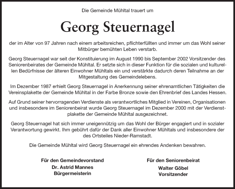  Traueranzeige für Georg Steuernagel vom 04.04.2015 aus Echo-Zeitungen (Gesamtausgabe)