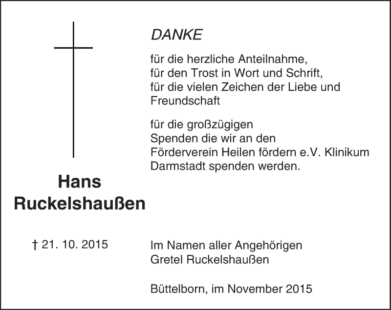  Traueranzeige für Hans Ruckelshaußen vom 14.11.2015 aus trauer.echo-online.de