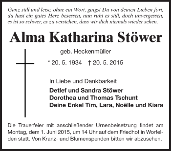 Traueranzeige von Alma Katharina Stöwer von Echo-Zeitungen (Gesamtausgabe)