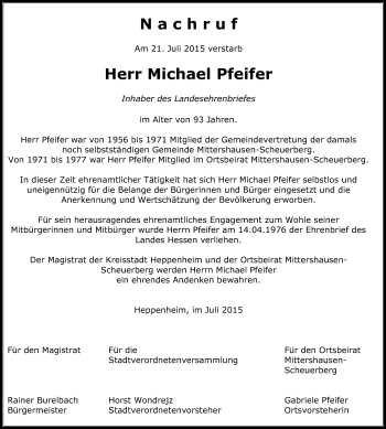 Traueranzeige von Michael Pfeifer von Starkenburger Echo