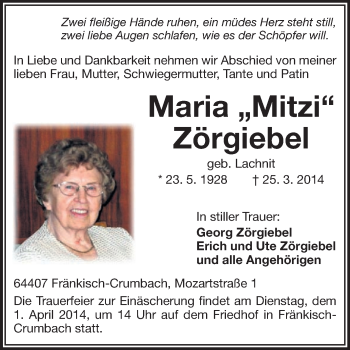 Traueranzeige von Maria Zörgiebel von Odenwälder Echo
