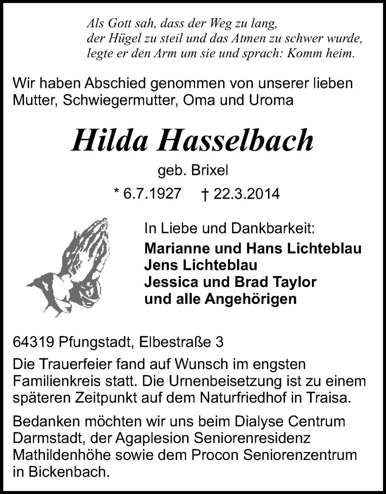  Traueranzeige für Hilda Hasselbach vom 29.03.2014 aus Echo-Zeitungen (Gesamtausgabe)