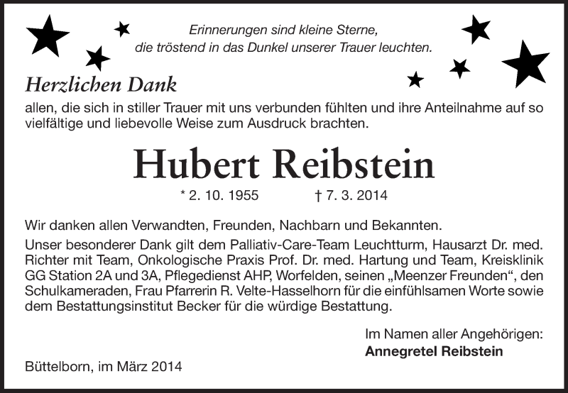  Traueranzeige für Hubert Reibstein vom 29.03.2014 aus Rüsselsheimer Echo, Groß-Gerauer-Echo, Ried Echo