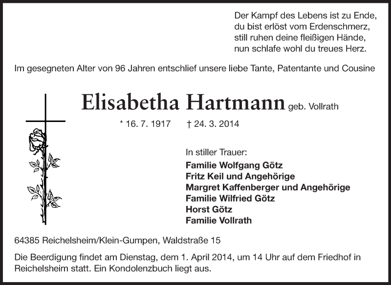  Traueranzeige für Elisabetha Hartmann vom 29.03.2014 aus Odenwälder Echo