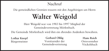 Traueranzeige von Walter Weigold von Starkenburger Echo