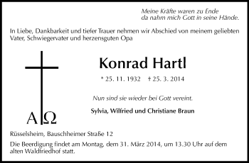 Traueranzeige von Konrad Hartl von Rüsselsheimer Echo, Groß-Gerauer-Echo, Ried Echo